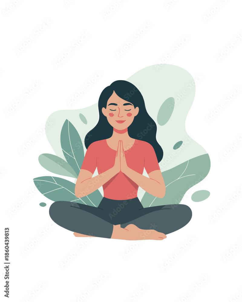 Obraz premium A serene illustration depicts a young woman peacefully meditating in a cross legged position
