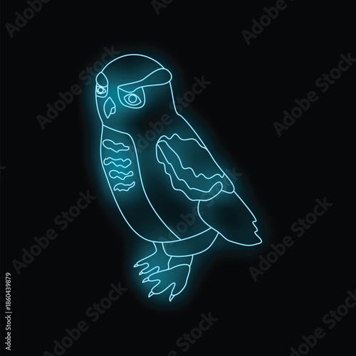 Neon sign in the shape of a majestic owl standing on its feet, glowing in the dark