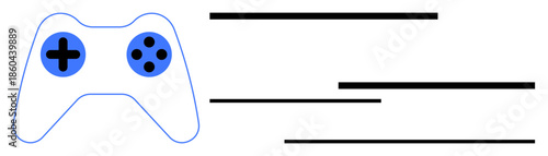 Gaming controller with buttons and directional pad. Lines imply speed, interaction, and dynamics. Ideal for gaming, entertainment, technology, esports, virtual reality innovation simple flat