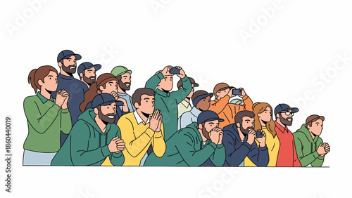 Group of sports fans watching cricket match intently