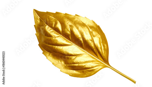 A single golden leaf, detailed, isolated on black, reflecting light and texture