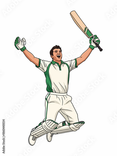 Excited cricket batsman jumping in celebration of century