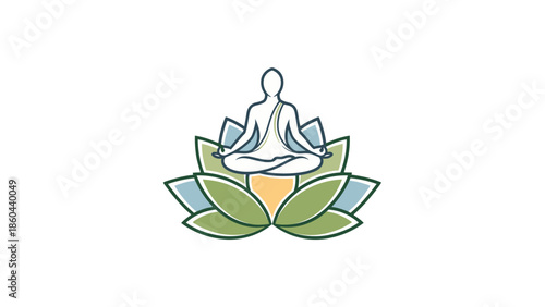 Outline illustration of a person meditating in lotus pose on a stylized colorful lotus flower, representing balance and spiritual wellness on an isolated white background.
