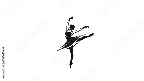 Dynamic ballerina dancer silhouette balancing on one leg in an elegant pose, isolated white background, powerful and artistic mood