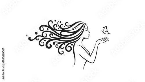 Elegant woman's profile line art blowing gently towards a butterfly, with detailed flowing hair, isolated white background, whimsical and graceful mood