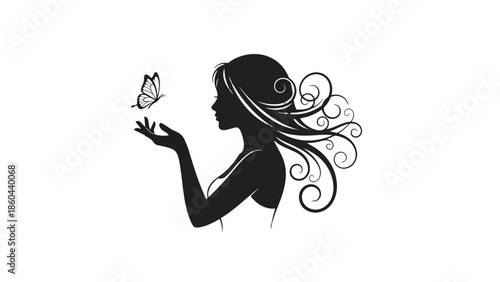 Beautiful woman's silhouette profile interacting with a butterfly on her hand, with elegant flowing hair, isolated white background, gentle and feminine mood