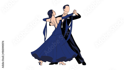 Elegant couple in formal attire performing ballroom dance, isolated white background, romantic and graceful motion