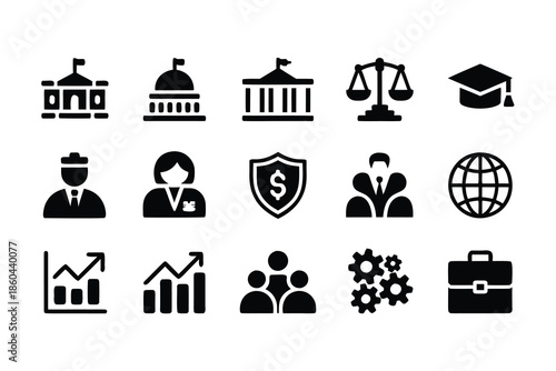 A collection of black and white icons representing government law education and global business concepts