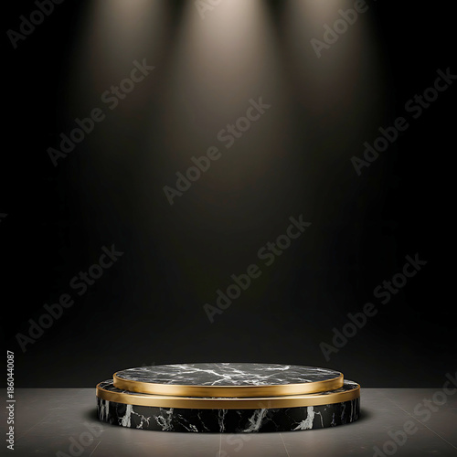 Two-tier black marble podium with gold trim and multiple spotlights for premium showcase