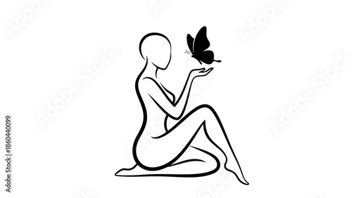 Minimalist woman line art sitting gently, observing a butterfly on her hands, isolated white background, calm and reflective mood