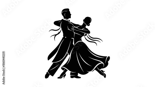 Elegant silhouette of a couple ballroom dancing with dynamic movement and flowing attire on an isolated white background.