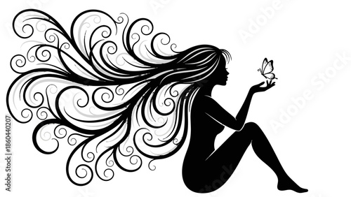 Artistic Woman Silhouette with Elaborate Flowing Hair Holding a Butterfly on an Isolated White Background
