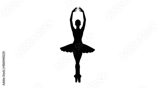 Graceful ballerina silhouette dancing en pointe with arms raised elegantly on an isolated white background.