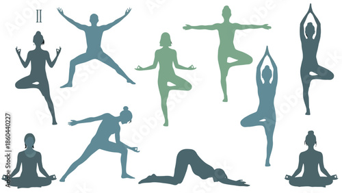 Collection of Colorful Female Yoga Poses and Meditations Silhouette on an Isolated White Background