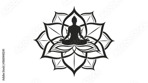 Meditating Person in Lotus Pose within an Intricate Mandala Lotus Flower Outline on an Isolated White Background
