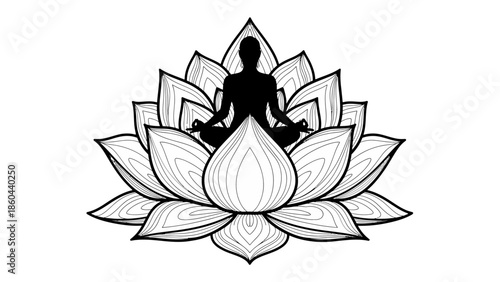 Meditating Person in Lotus Pose Silhouette within a Detailed Lotus Flower Outline on an Isolated White Background