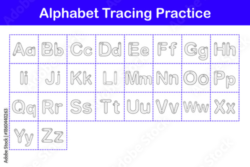 Alphabet tracing practice worksheet for kids. Uppercase and lowercase letters learning sheet. Early education handwriting practice