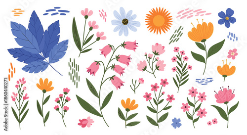 Seamless autumn pattern with various forest elements including oak leaves maple leaves mushrooms and red rowan berries.