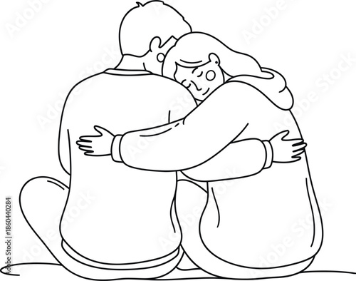 Minimalist line art drawing of a couple embracing deeply showing affection and emotional support during difficult times