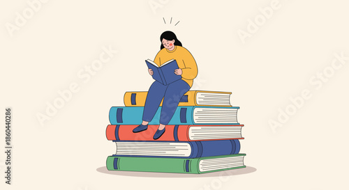 Young woman sitting on a stack of oversized books and reading a blue book with focus for education and learning concept illustration.