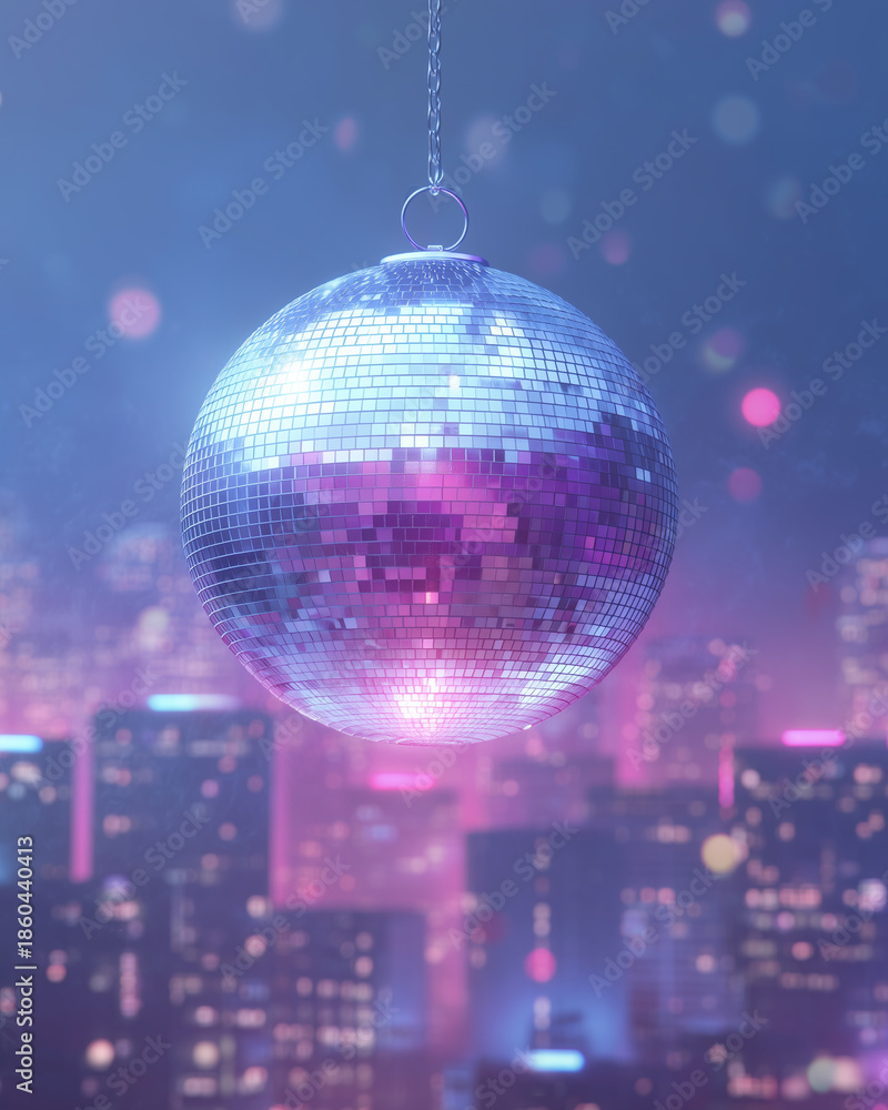 Obraz premium Shiny Disco Ball Hanging Over Neon City Skyline with Colorful Bokeh Lights