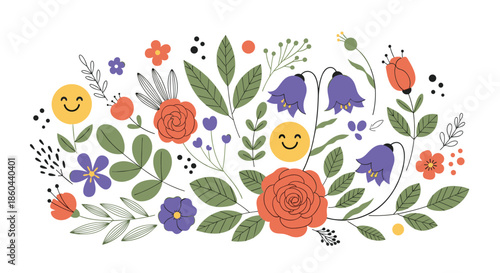 Whimsical floral arrangement featuring various colorful flowers, leaves, and yellow circles with happy smiling faces for garden theme.