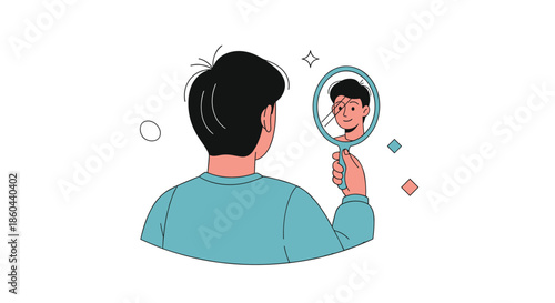 Young man holding a blue hand mirror and looking at his smiling reflection with confidence and self-assurance from a back view.