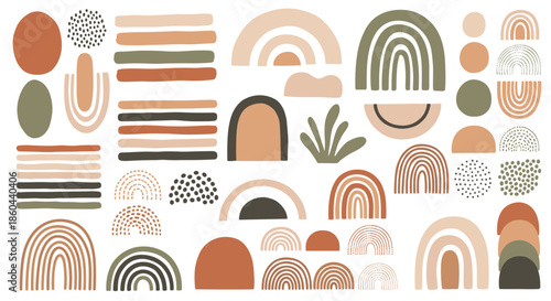Large collection of abstract hand-drawn elements including rainbows, arches, stripes, and organic shapes in muted earth color palette.
