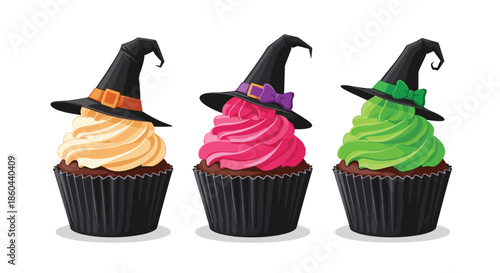 Set of three delicious chocolate cupcakes topped with colorful frosting and black witch hats for a spooky Halloween celebration theme.