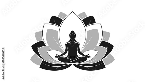 Person Meditating in Lotus Pose within Grey and Black Lotus Flower Silhouette on Isolated White Background