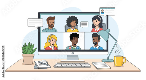 Diverse group of people participating in a remote video conference meeting on a computer monitor in a home office workspace setting.