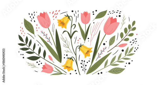 Elegant floral arrangement featuring pink tulips and yellow bellflowers surrounded by green leaves and decorative black dot patterns.