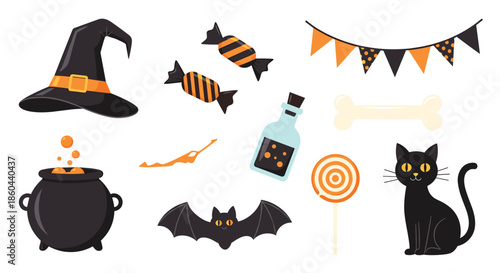 Festive collection of Halloween symbols and spooky items including a black cat, witch hat, cauldron, bat, and various sweet candies.