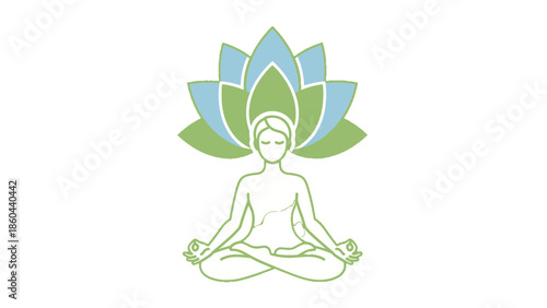Outline of Person Meditating in Lotus Pose within Green and Blue Lotus Flower on Isolated White Background