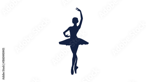 Graceful Ballerina Silhouette Dancing En Pointe with Raised Arm in Dark Blue on Isolated White Background