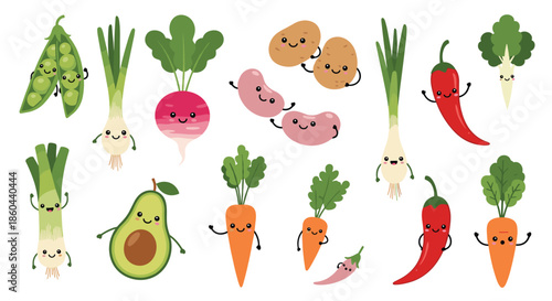 Set of adorable cartoon vegetables with happy smiling faces including carrots, radishes, avocados, and peppers for healthy eating.