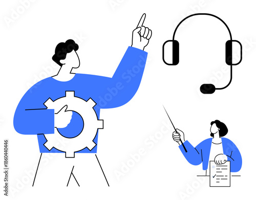 Person with gear signifying teamwork, headset representing customer support, and professional pointing at document for clarity. Ideal for communication, teamwork, problem-solving, service, tutorials