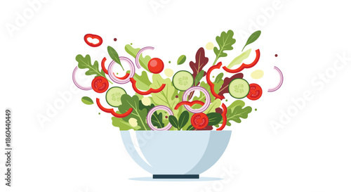 Fresh and healthy salad ingredients including lettuce, tomatoes, cucumbers, and onions flying into a white ceramic bowl dynamically.