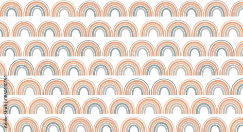 Minimalist and repetitive pattern of small rainbows in muted earthy tones of terracotta and blue arranged in rows on white background.
