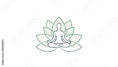 Serene Outline Illustration of Person Meditating in Lotus Pose within a Green Lotus Flower, Isolated White Background