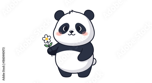 Adorable cartoon panda standing and holding a single white daisy with a friendly smile and rosy cheeks against a white background.