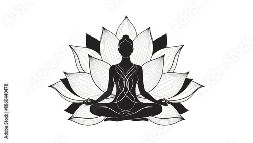 Person Meditating in Lotus Pose within Intricate Black Lotus Flower Silhouette on Isolated White Background