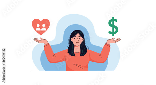 Concerned woman holding her hands out to balance a heart icon representing family and a dollar sign representing wealth or career.