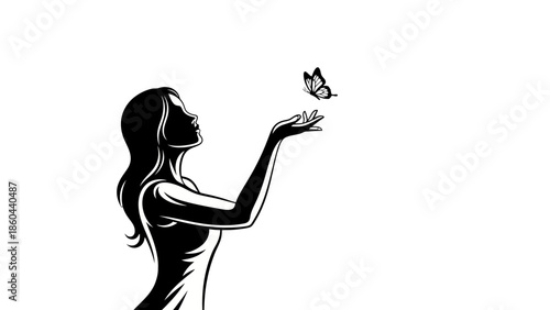 Gentle Woman Silhouette Interacting with a Delicate Butterfly on Her Hand, Isolated White Background