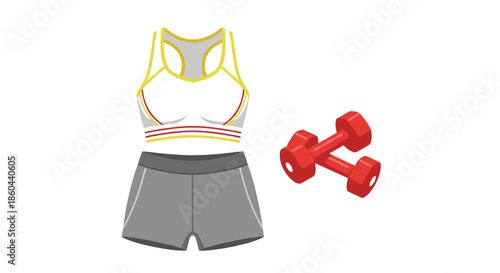 Athletic apparel set featuring a sports bra, grey shorts, and red dumbbells for fitness, workout, and active lifestyle motivation concepts.