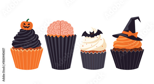 Set of four creative Halloween cupcakes decorated with a pumpkin, brain, bat, and witch hat for festive party treats and bakery promotions.