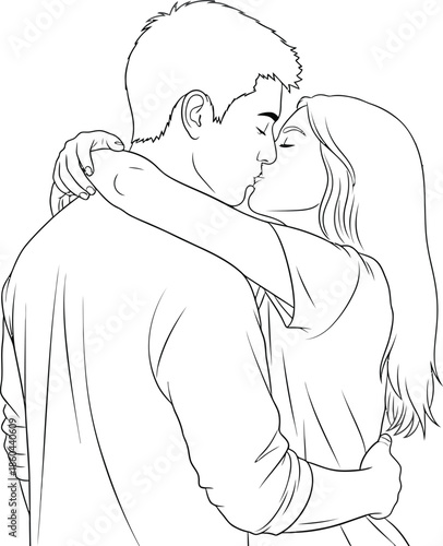 Simple line art drawing depicts a romantic couple sharing a gentle and affectionate kiss while embracing closely