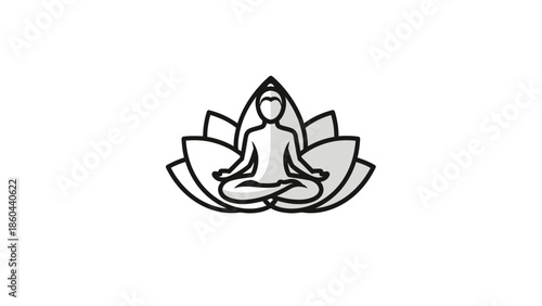 Outline Illustration of Person Meditating in Lotus Pose within a Lotus Flower, Isolated White Background