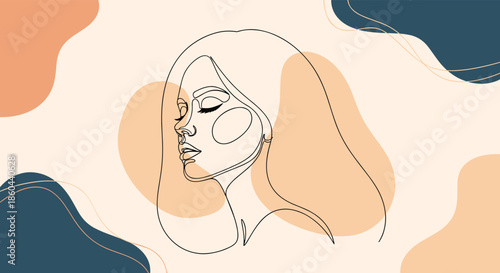 Modern minimalist line art of a woman's profile with flowing hair over abstract organic shapes for contemporary home decor and fashion posters.