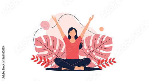 Peaceful illustration of a woman meditating in a lotus pose surrounded by pink tropical leaves for wellness, yoga, and mental health themes.